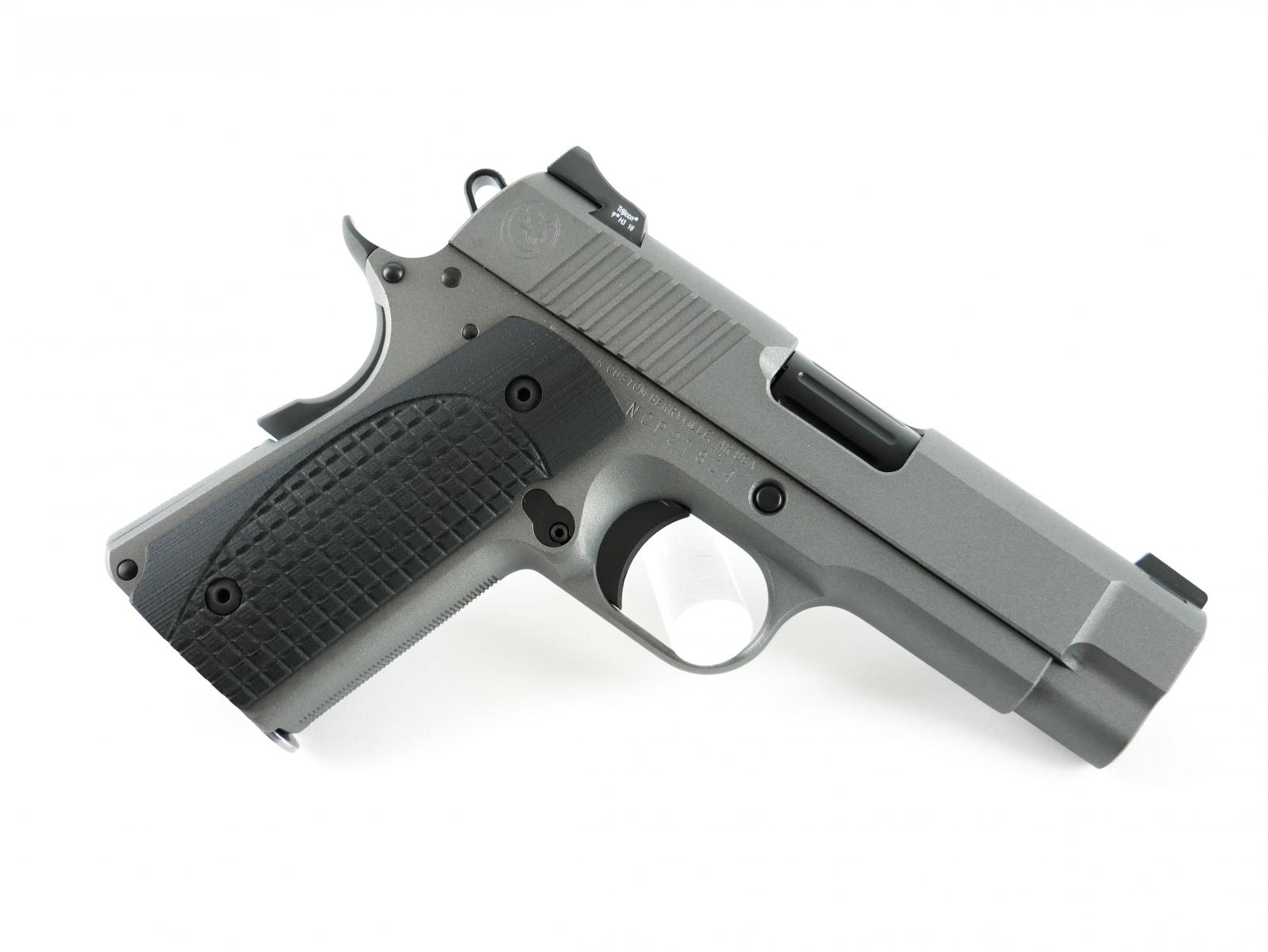 Carry Plus 1911 |9x19mm Tactical Gray Cerakote, Black Out Upgrade, Black Small Parts, Aluminum Frame/ MSH, Fluted and Crowned Bull Barrel, Everlast Recoil System, Curved Slide Stop, Ball Endmill Cuts, Carry Cuts, Heine Straight Eight Rear, Tritium Front