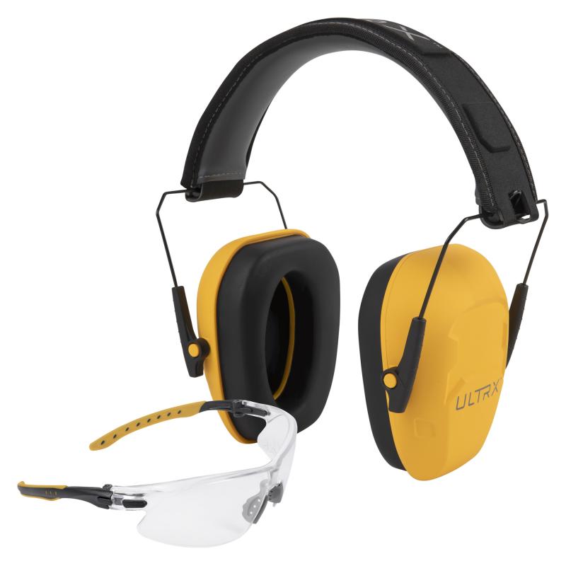 ULTRX Hearing and Eye Combo, Shield Passive Earmuff, NRR 23dB, Yellow, Anti-Fog/Anti-Scratch Shooting Glasses, Clear, ANSI Z58 and CE EN-Rated 4156