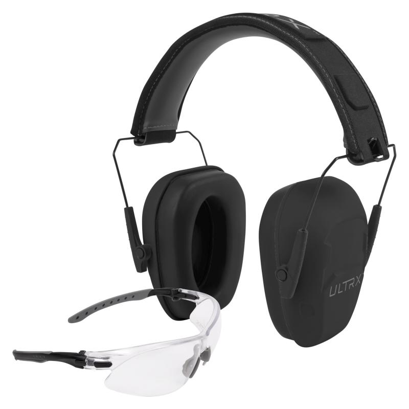 ULTRX Hearing and Eye Combo, Shield Passive Earmuff, NRR 23dB, Gray, Anti-Fog/Anti-Scratch Shooting Glasses, Clear, ANSI Z58 and CE EN-Rated 4157