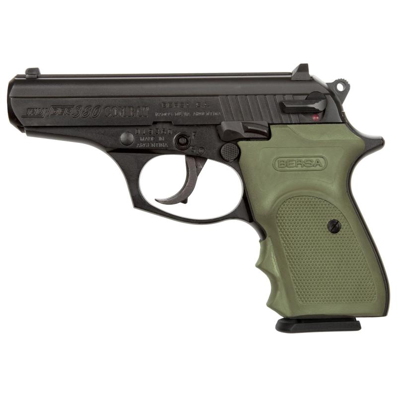 Thunder, Combat, Double Action, Compact, 380ACP, 3.5" Barrel, Alloy Frame, Matte Black Finish, Green Polymer Grips, Fixed Sights, 1 Magazine, 8 Rounds T380MC