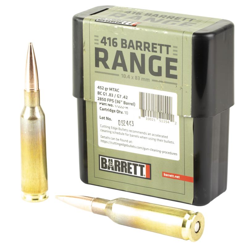Ammo, 416 Barrett Range Ammo, 452Gr, Boat tail Hollow Point, 10 Rounds per Box, 3,050fps 17222-R
