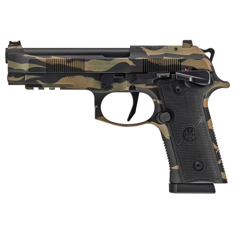 92XI, Combat, Single Action Only, Semi-automatic, Full Size, 9MM, 4.7" Barrel, Ambidextrous Manual Safety, Cerakote Finish, Tiger Stripe Camo, 10 Rounds, 2 Magazines SPEC0729A10