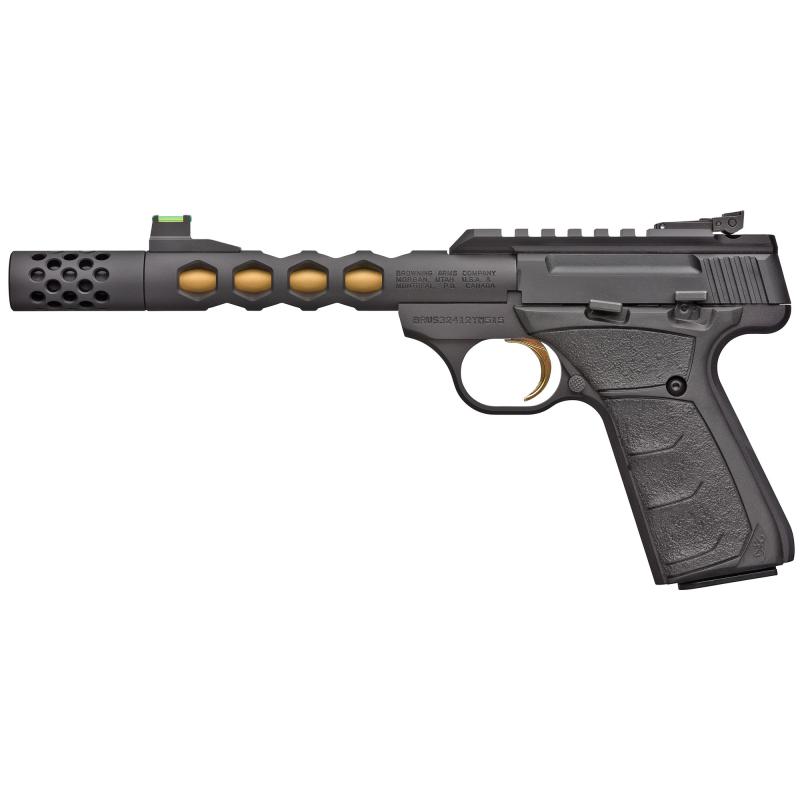 Buck Mark Plus Vision| Semi-automatic, 22 LR, 5.875" Skeletonized Barrel, Threaded, Compensator, Gold Cerakote Inner Barrel, Black Anodized Outer Barrel, Black Anodized Frame, UFX Grip, Threaded, Thumb Safety, Adjustable Rear Sight & Fiber Optic Front Si