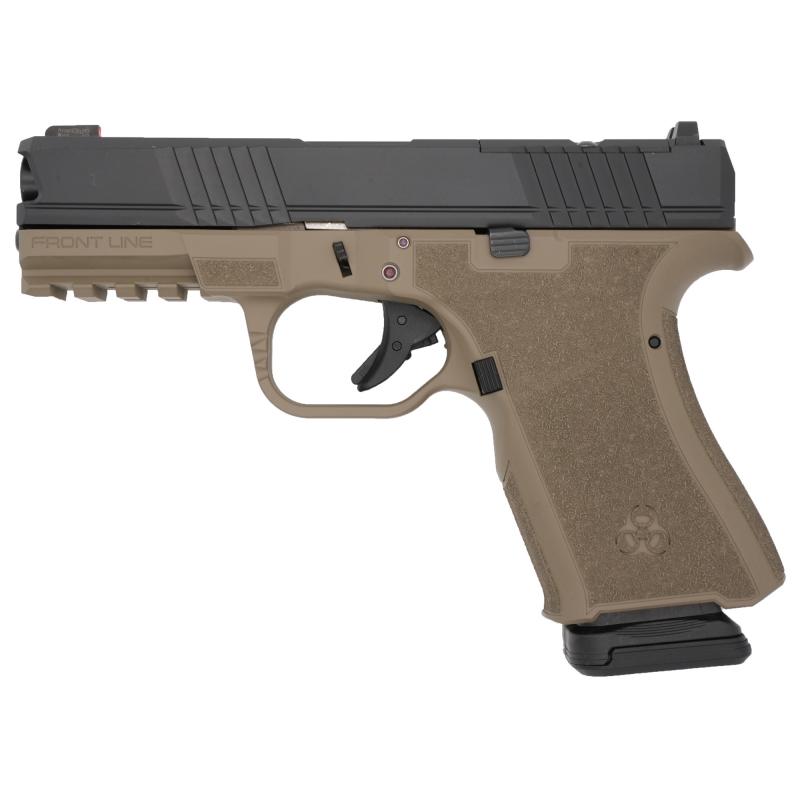 Frontline, Striker Fired, Semi-automatic, Compact, Polymer Frame Pistol, 9MM, 4" Barrel, Cerakote Finish, Flat Dark Earth and Black, AmeriGlow Front Sights Tall, 15 Rounds BRO-FL-9MM-FDE-BLK