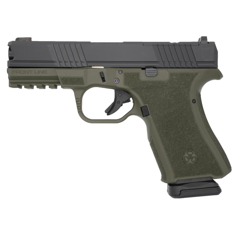 Frontline, Striker Fired, Semi-automatic, Compact, Polymer Frame Pistol, 9MM, 4" Barrel, Cerakote Finish, Olive Drab Green and Black, AmeriGlow Front Sights Tall, 15 Rounds BRO-FL-9MM-OD-BLK
