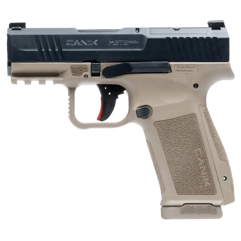 METE MC9L, Semi-automatic, Striker Fired, Polymer Frame Pistol, Compact, 9MM, 3.18" Barrel, Nitride Finish Slide, Black, Cerakote Finish Frame, Flat Dark Earth, Optic Ready, White Dot Front Sight, Blackout Rear Sight, 2 Magazines, 17 Rounds, Includes Cus