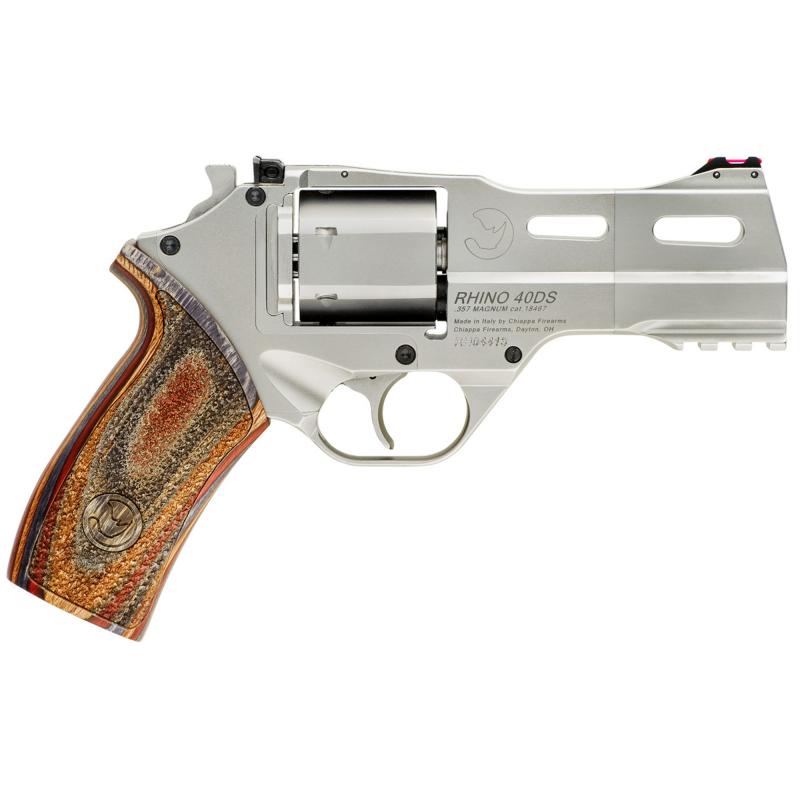 Rhino 40DS, Revolver, Double/Single Action, 357 Magnum/38 Special, 4" Barrel, Alloy Frame, Walnut Grips, 6Rd, Chrome Finish, 3 Moon Clips, Adjustable Rear Sight and Fiber Optic Front 340-222