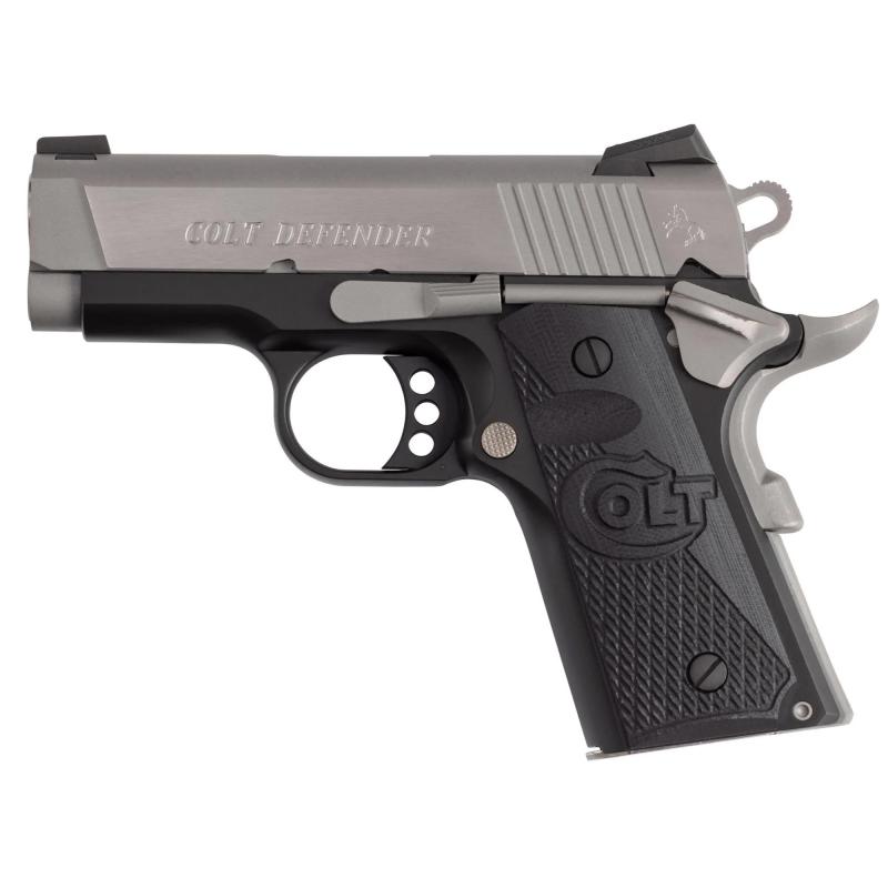 Defender Two-Tone 1911, Semi-automatic, Single Action Only, 45 ACP, 3" Barrel, Black Frame, Silver Slide, G10 Grips, 7 Rounds, 1 Magazine O7800XE-TT