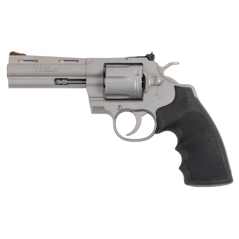 Python, Double Action, Steel Frame Revolver, 357 Magnum/38 Special, 3" Barrel, Stainless Steel, Bead Blast Finish, Black Hogue Rubber Grips, Blade Front/Adjustable Rear Sights, 6 Rounds PYTHON-SM3RTS