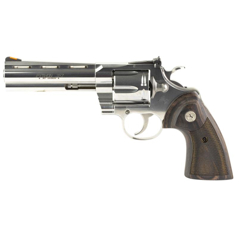 Python, Revolver, Double Action, 357 Magnum, 5", Silver, Wood, 6 Rounds, 1:14, Colt Python 5" Stainless Steel, Blade Front/Adjustable Rear, Stainless Steel PYTHON-SP5WTS