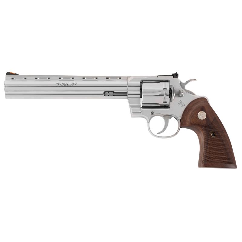 Python, Double Action, Steel Frame Revolver, 357 Magnum/38 Special, 8" Barrel, Stainless Steel, Bead Blast Finish, Walnut Grips, Blade Front/Adjustable Rear Sights, 6 Rounds PYTHON-SP8WTS