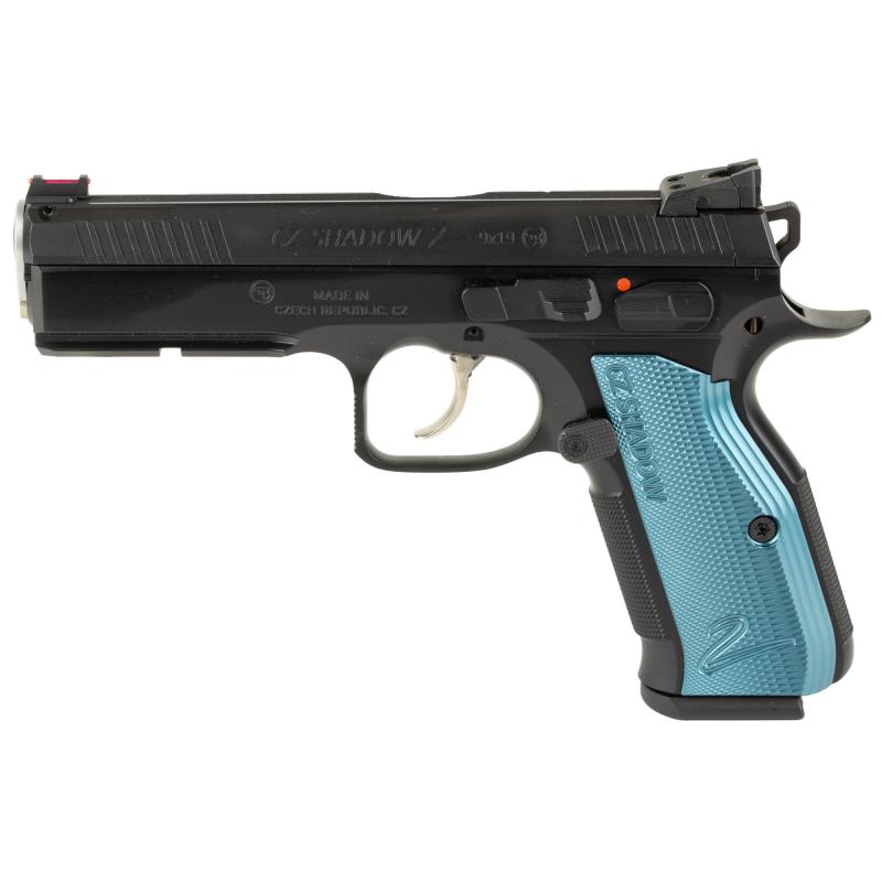 Shadow 2 ACCU, 2023X, Double Action/Single Action, Semi-automatic, Metal Frame Pistol, 9MM, 4.89" Barrel, CZ Custom ACCU Bushing, Polycoat Finish, Black, Blue Aluminum Grips, Adjustable Rear Sight & Fiber Optic Front, 17 Rounds, 2 Magazines 91044