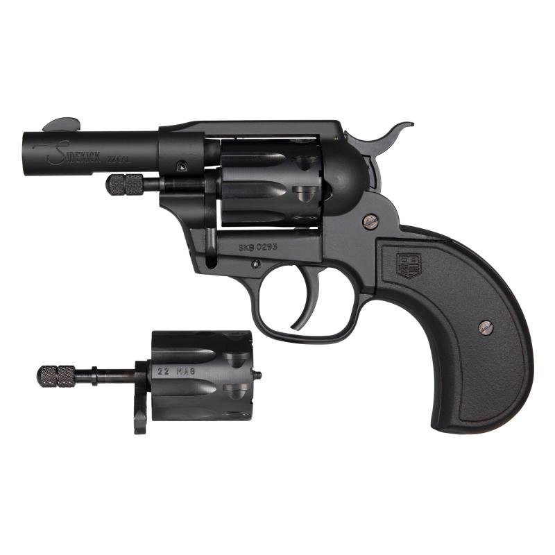 Birdshead Sidekick, Double Action/Single Action, Metal Frame Revolver, 22 LR/22 WMR, 3" Barrel, Zinc, Cerakote Finish, Black, Checkered Glass Filled Nylon Grips, Blade Front Sight, Integral Rear Sight, 9 Rounds DBF0600A001