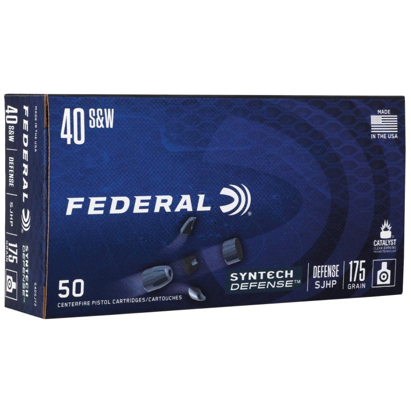 Syntech Defense with Catalyst Clean Burning Primer, 40 S&W, 175 Grain, Semi Jacketed Hollow Point, 50 Round Box S40SJT2
