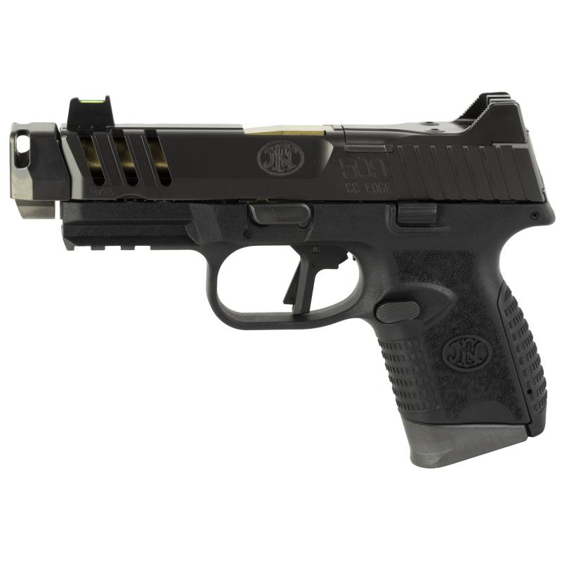 509 CC Edge, Striker Fired, Semi-automatic, Full Size Pistol, 9MM, 4.2" Gold Titanium Barrel, Black Frame, Graphite PVD Finish, Auto Indexing Compensator, Co-witnessing Height Fiber Optic Front Sight, Inculudes 4 Optic Mounting Plates, 10 Rounds, 3 Magaz