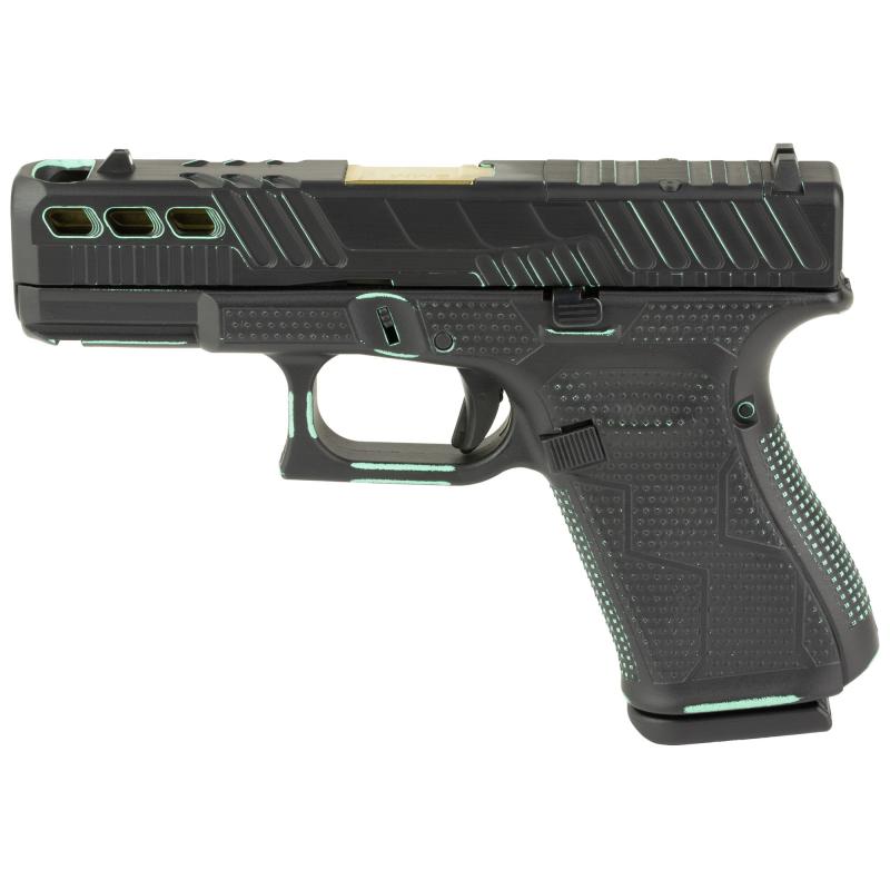 19 GEN 5, Striker Fired, Semi-automatic, Polymer Frame Pistol, Compact, 9MM, 4.02" Gold Barrel, Custom Black and Robin's Egg Blue Cerakote Finish by Shark Coast Tactical, Fixed Sights, 15 Rounds, 3 Magazines PA195S203