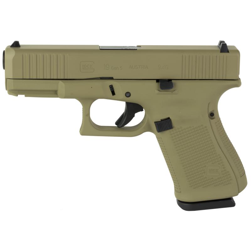 19, GEN 5, Semi-automatic, Striker Fired, Compact, 9MM, 4.02", Coyote Tan, Interchangeable, 15 Rounds, 3 Mags, Front Serrations, Fixed Sights, Polymer, DLC PA195S204-CT