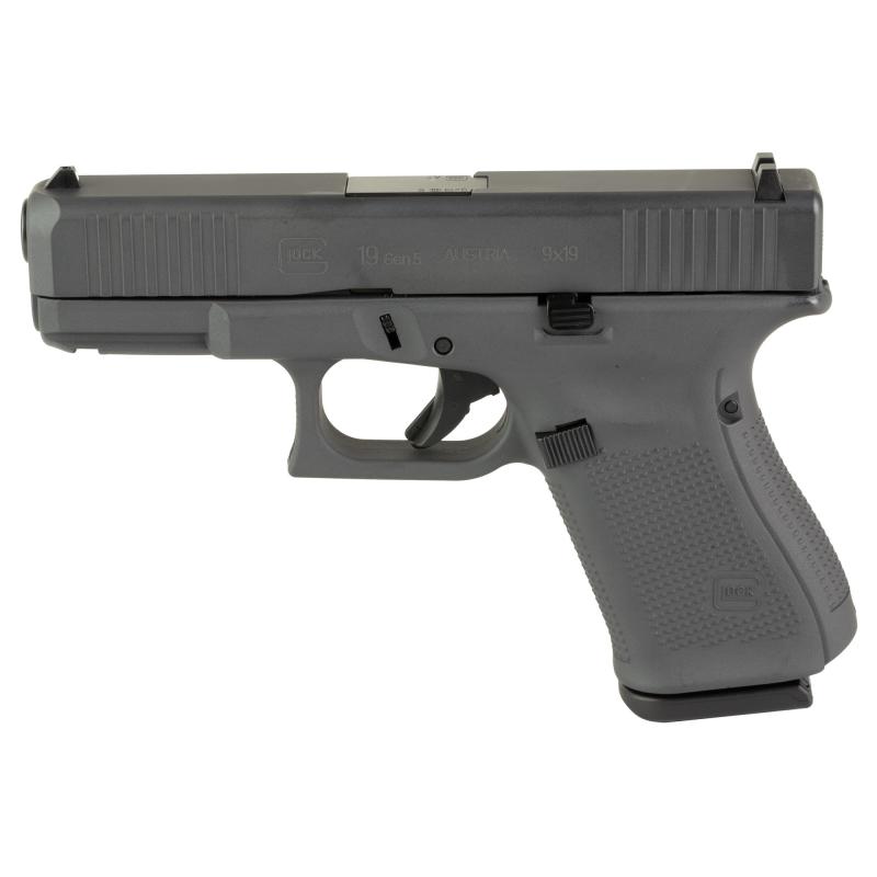 19, Gen 5, Semi-automatic, Striker Fired, Compact, 9MM, 4.02", Custom Sniper Gray Cerakote Finish by Skydas,  Front Serrations, Fixed Sights, Polymer,  15 Rounds, 3 Magazines PA195S204-SG