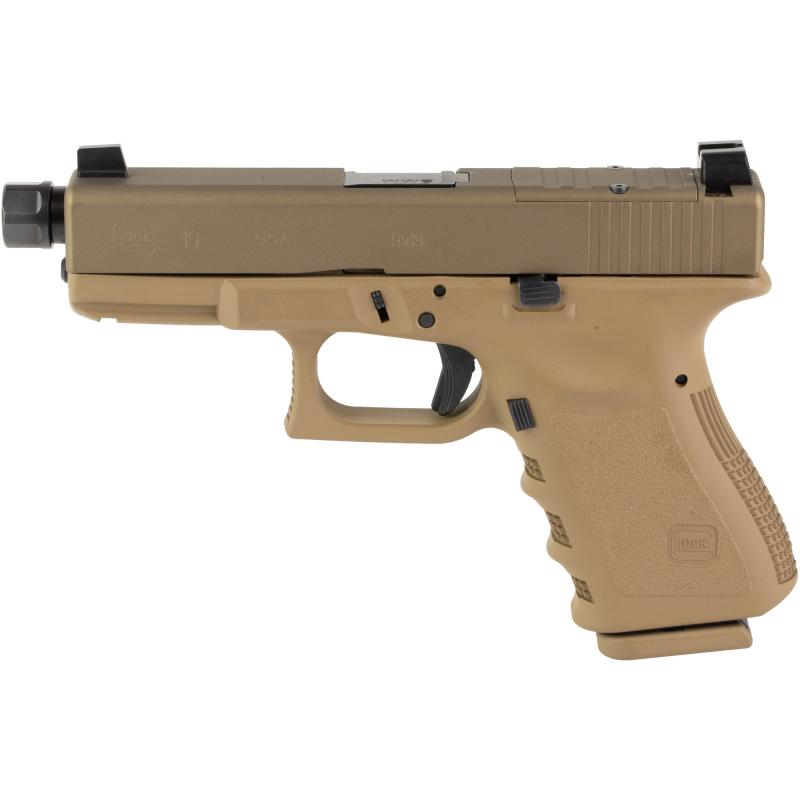 19XOR, Optic Ready, Semi-automatic, Compact Polymer Frame Pistol, Safe Action, 9MM, 4.6" Threaded Barrel, FDE Cerakote Finish, Suppressor Height Sights, Optics Ready, 15 Rounds, 2 Magazines, Matching FDE Cerakote Magazine Floor Plates, Will Only Accept T