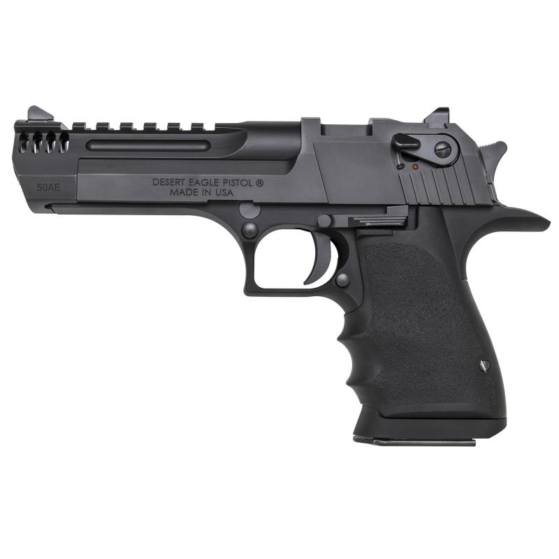 Desert Eagle, L5, Semi-automatic Pistol, 50 Action Express, 5" Barrel, Aluminum Frame, Carbon Steel Slide and Barrel, Black Finish, Hogue Soft Rubber Grips w/Finger Grooves, 7Rd, 1 Magazine, 50oz, w/Integral Muzzle Brake DE50L5IMB