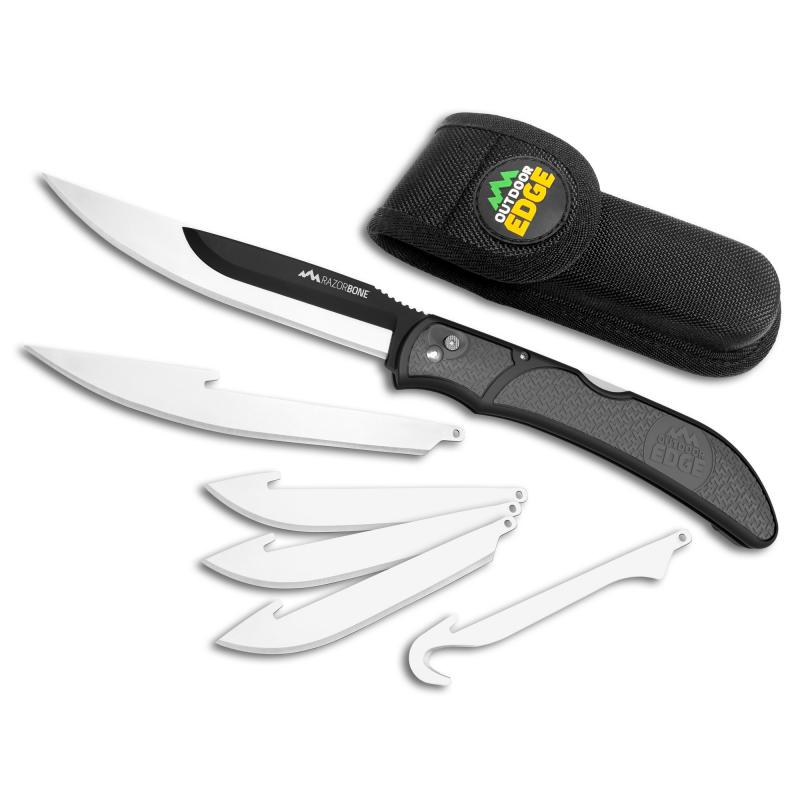 Razorwork, Folding Knife, Plain Edge, Black Oxide Finish, 420J2 Stainless Steel, Gray Handle, Includes (2) Boning/Filet Knives, (3) Drop-Point Blades, and (1) Gutting Blade RBY-10C