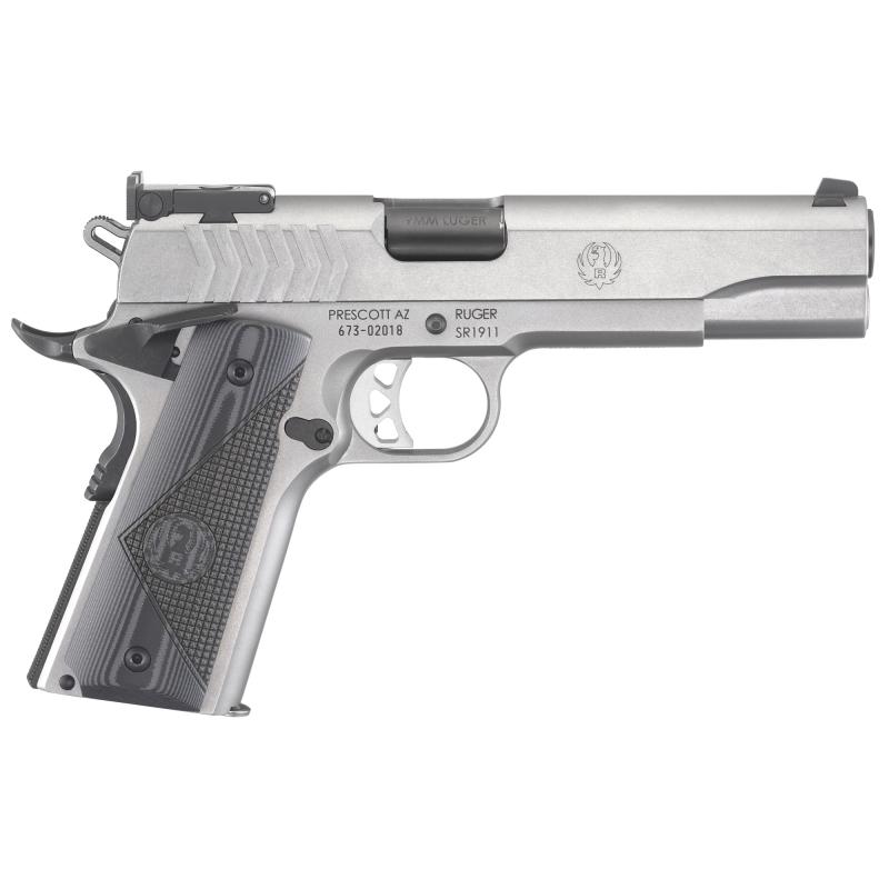SR1911 Target 9mm Luger 5 Inch Barrel Low-Glare Stainless Finish Bomar-Style Adjustable Sights Deluxe Checkered G-10 Grips 9 Round