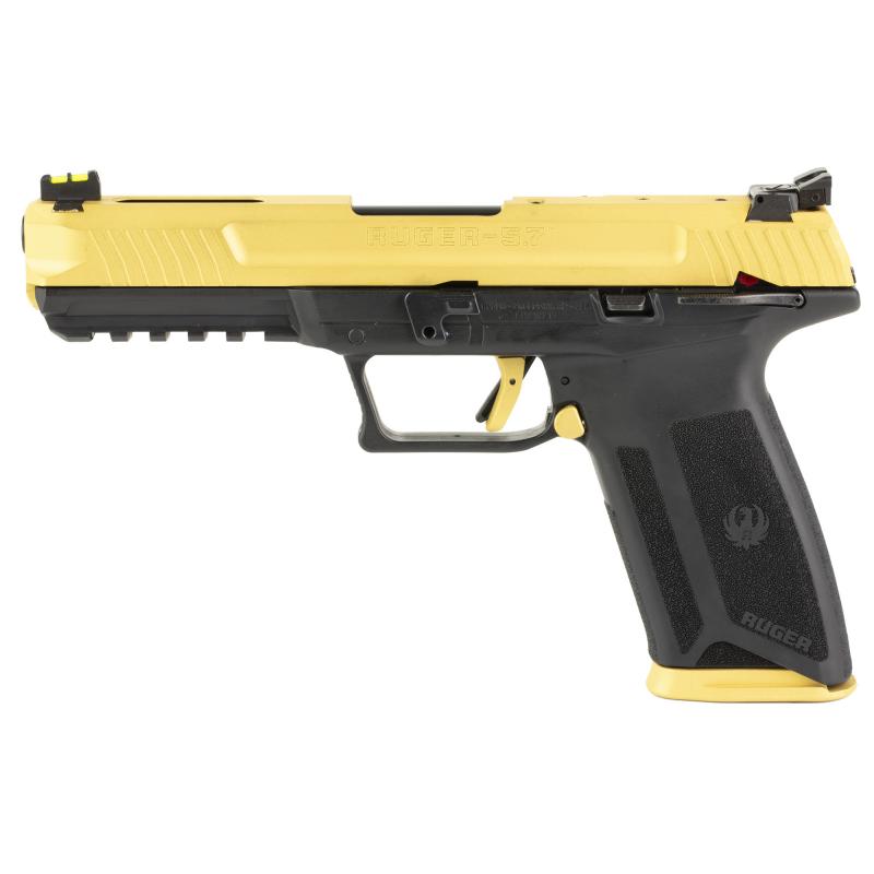 57, TALO Edition, Double Action, Semi-automatic, Polymer Frame Pistol, Full Size, 5.7X28MM, 4.94" Barrel, Cerakote Finish, Shimmer Gold Slide, Fiber Optic Front and Adjustable Rear Sights, Ambidextrous Manual Safety, 20 Rounds, 2 Magazines, Ambidextrous