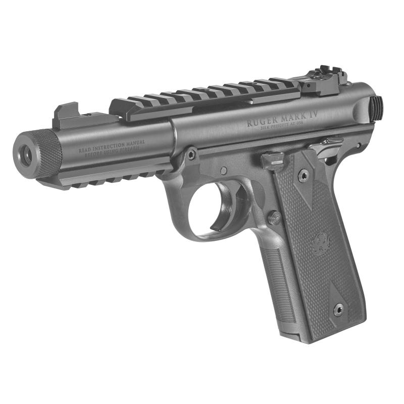 Mark IV 22/45 Tactical |.22 LR 4.4 Inch Threaded Barrel Adjustable Rear Sight Top and Bottom Picatinny Rails Polymer Frame Black Oxide Finish Checkered 1911 Style Grips 10 Round