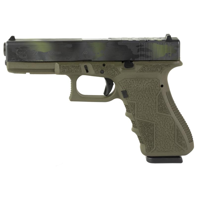 22 Gen3, Striker Fired, Semi-automatic, Polymer Frame Pistol, Full Size, 40 S&W, 4.49" Barrel, Black Multicam Slide With OD Green Frame, Fixed Sights, 15 Rounds, 2 Magazines, Glock OEM Rail, Right Hand, Laser Engraved Frame, Optic Cut 300-109-0100-09