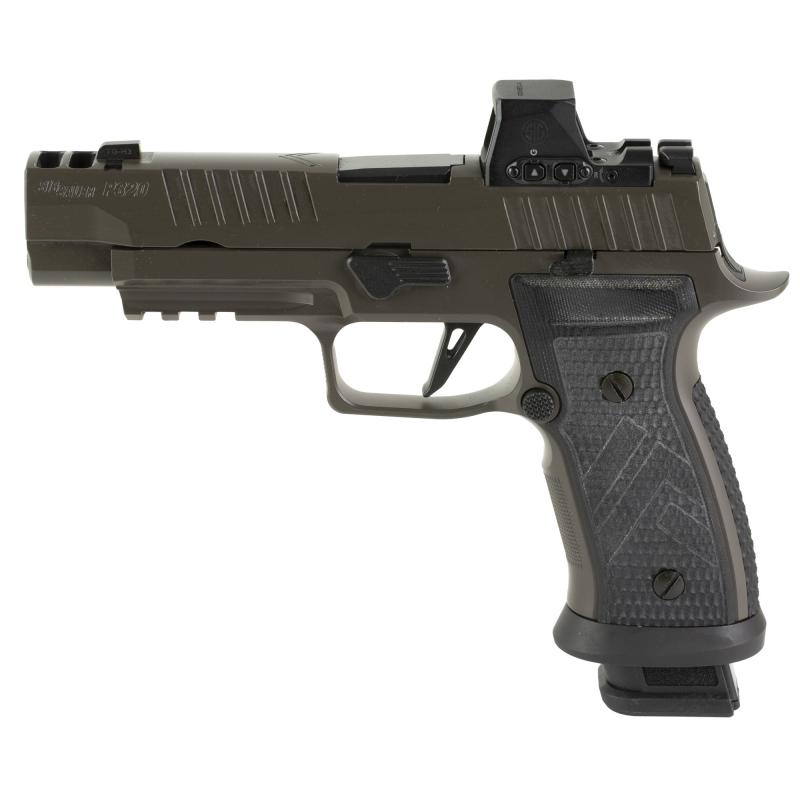 P320, AXG Legion, Striker Fired, Semi-automatic, Metal Framed Pistol, Full Size, 9MM, 3.9", Two Port Slide Integrated Expansion Chamber, Cerakote Finish, Legion Gray, ROMEO-X Reflex Sight, AXG Modular Grip, Hogue Custom G10 Grips, X Series Flat Skeletoni