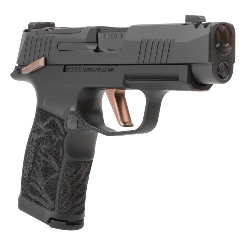 P365 Rose | 9mm, 3.1" Barrel with Integrally Compensated Slide, Nitron Finish, Black with Rose Gold Controls and Engraving, SIGLITE Day/Night Sights, Two 12 Round Mags, Optics Ready, Vaultek Safe, Dummy Rounds