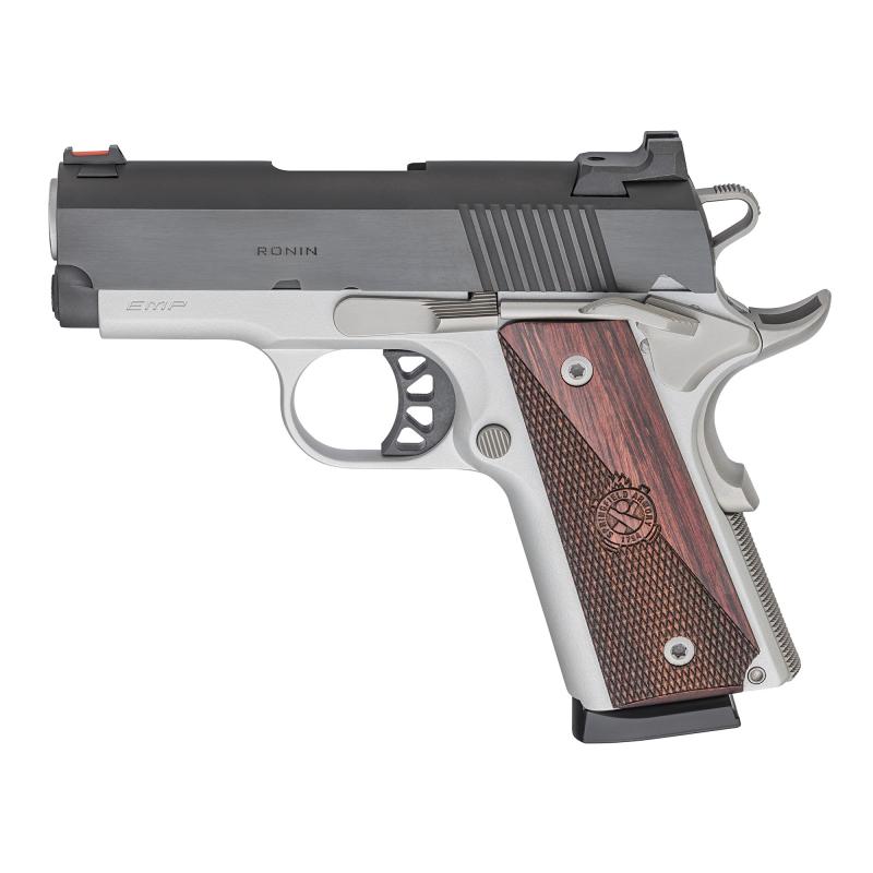 Ronin EMP, 1911, Semi-automatic, Metal Frame Pistol, Compact, 9MM, 3" Barrel, Blued Slide, Stainless Frame, Wood Grips, Fiber Optic Front Sight, 9 Rounds, One Magazine PX9123L