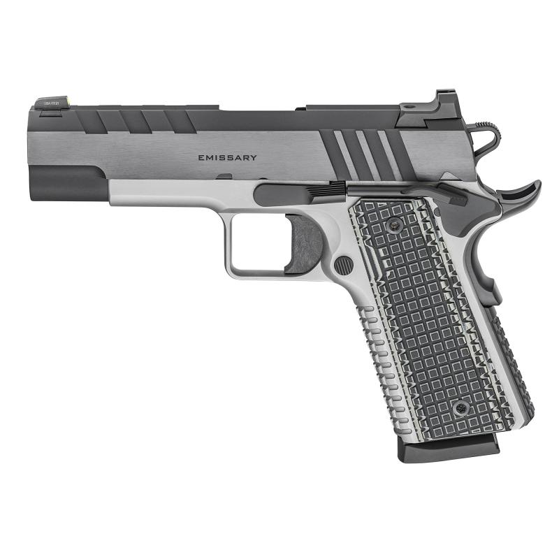 Emissary, 1911, Single Action Only, Semi-automatic, Commander| 45 ACP, 4.25" Match Grade Bull Barrel, Stainless Steel Frame and Carbon Steel Slide, Blued Finish, Black Slide, Silver Frame, VZ Grips Thin-Line G10, Manual Thumb Safety, Tritium/Luminescent