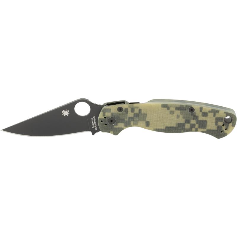 Para-Military 2, Folding Knife, 3.438" Blade, Clip Point, Plain Edge, CPM-S30V With Black DLC Finish, Camo G-10 Frame, Circle Thumb Hole/Pocket Clip C81GPCMOBK2