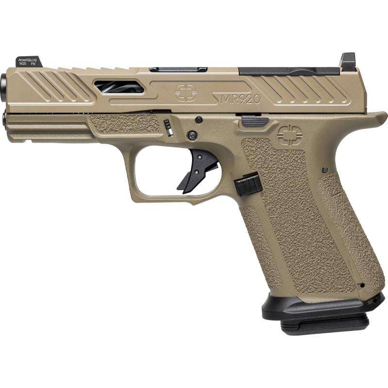 MR920 Elite, Striker Fired, Semi-automatic, Polymer Frame Pistol, Compact, Massachusetts Compliant, 9MM, 4" Black Spiral and Fluted Barrel, Nitride Finish Elite Slide, Flat Dark Earth, Optics Ready, Flat Faced Trigger, Trigger Safety, Tritium Front Night