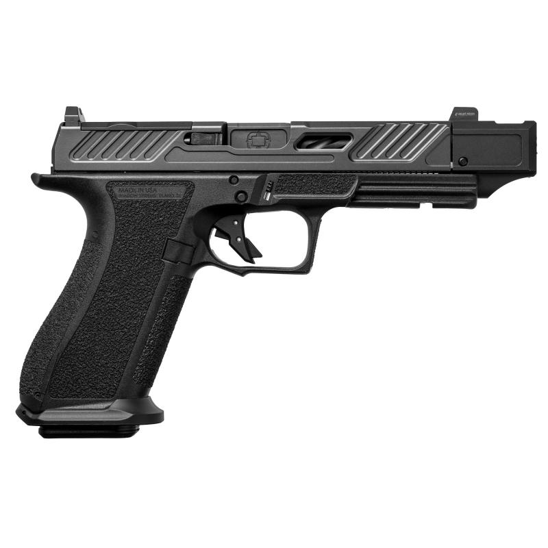 DR920P Elite, Striker Fired, Semi-automatic Pistol, Full Size, 9mm, 4.8" Threaded Spiral Fluted Barrel, Compensator, Polymer Frame, Nitride Finish, Black, Front Night Sight, Trigger Safety, 17 Rounds, Includes 2 Magazines, Optics Kit, Grip Kit, Attache C