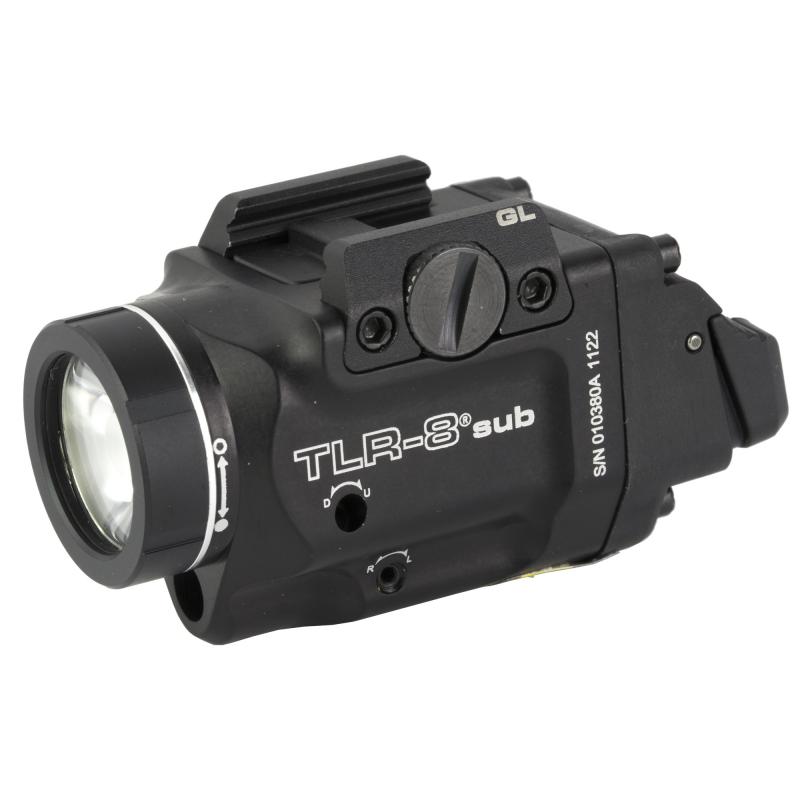 Streamlight TLR-8 Sub, White LED with Red Laser, Fits Glock 43x/48 MOS, 500 Lumens, Anodized Finish, Black, Includes (1) CR123a Battery, Low and High Switches 69411