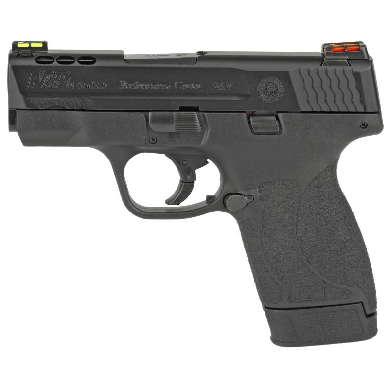 Shield M2.0 Performance Center Ported, Semi-automatic, Striker Fired, Compact, Performance Center Tuned Action, 45ACP, 3.3" Ported Barrel, Polymer Frame, Black Armornite Finish, 6 & 7Rd, 2 Magazines, Cleaning Kit Included, No Thumb Safety, HiViz Fiber Op
