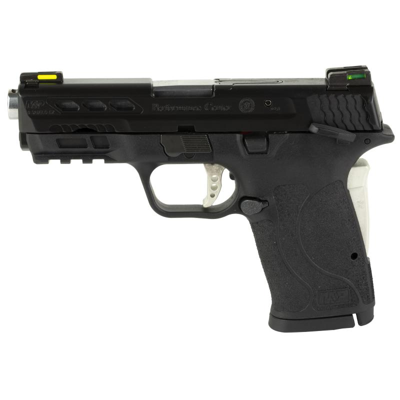 Performance Center Shield EZ, Semi-automatic, Compact, 9MM, 3.8" Ported Barrel, Black Armornite Finish, Polymer Frame, Black Color, Performance Center Aluminum Trigger, Grip Safety, Thumb Safety, Hi-Viz Litewave H3 Tritium/Lightpipe Sights, Silver Barrel