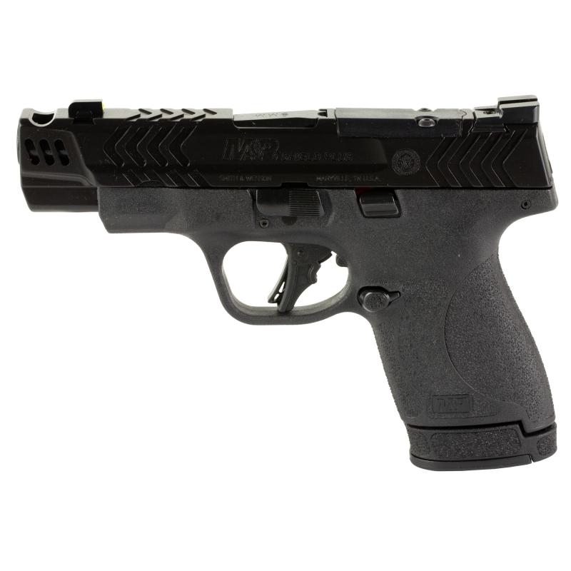M&P9 Shield Plus, Performance Center, Striker Fired, Semi-automatic, Polymer Framed Pistol, Micro-Compact, 9MM, 4" Ported Barrel, Armornite Finish, Black, Front Night Sight, Blacked Out Rear Sight, No Manual Safety, Optic Ready, 3 Magazines, 1-10 Round,