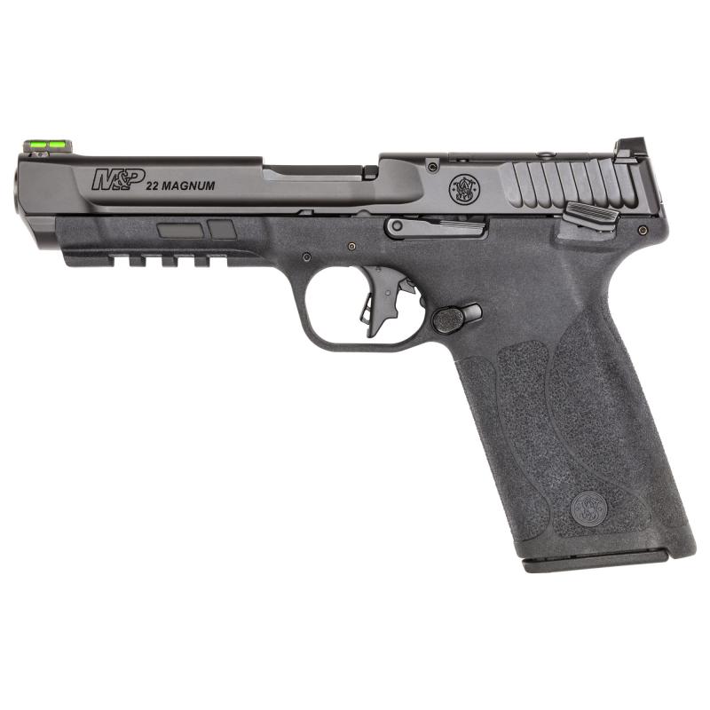M&P, 22 Magnum, Single Action, Hammer Fired, Semi-automatic, Polymer Frame Pistol, Full Size, 22 WMR, 4.35" Barrel, Black, Fiber Optic Front Sight, Black Notch Rear Sight, Thumb Safety, 10 Rounds, 2 Magazines 14090