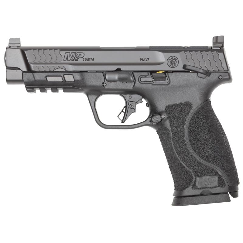 M&P M2.0, Striker Fired, Semi-automatic, Polymer Frame Pistol, Full Size, 10MM, 4.6" Barrel, Armornite Finish, Black, Optic Height White 3 Dot Sights, Thumb Safety, 10 Rounds, Optics Ready Slide, 2 Magazines 14091