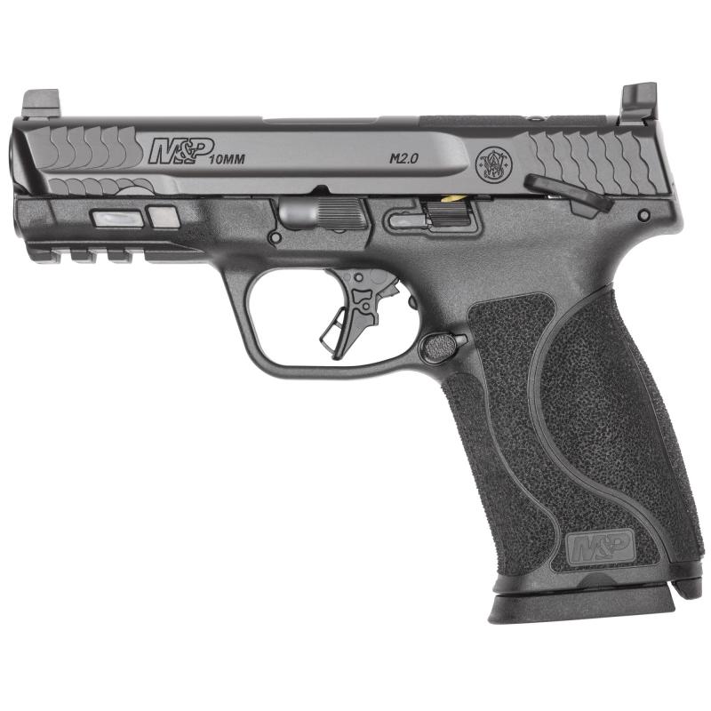 M&P M2.0, Striker Fired, Semi-automatic, Polymer Frame Pistol, Full Size, 10MM, 4" Barrel, Armornite Finish, Black, Optic Height White 3 Dot Sights, Thumb Safety, 10 Rounds, Optics Ready Slide, 2 Magazines 14092