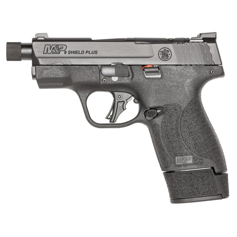 M&P9 Shield Plus, Striker Fired, Semi-automatic, Polymer Framed Pistol, Micro-Compact, 9MM, 3.7" Barrel, Threaded 1/2X28, Armornite Finish, Black, Front Night Sight, Blacked Out Rear Sight, No Manual Safety, Optics Ready, 3 Magazines, (1)-10 Round, (1)-1