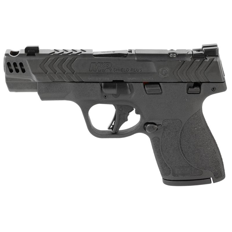 M&P9 Shield Plus, Performance Center, Striker Fired, Semi-automatic, Polymer Framed Pistol, Micro-Compact, 9MM, 4" Ported Barrel, Armornite Finish, Black, Front Night Sight, Blacked Out Rear Sight, Manual Safety, Optic Ready, 2 Magazines, 10 Rounds 14410