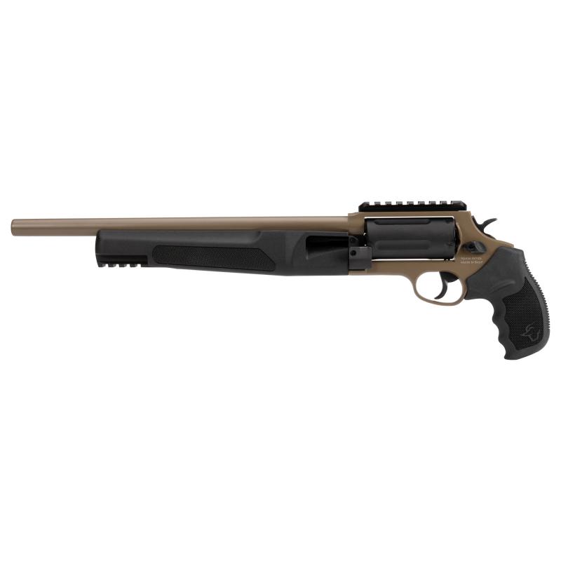 Judge, Home Defender, Double Action/Single Action, Metal Frame Revolver, 410 Bore/45LC, 3" Chamber, 13" Barrel, Cerakote Finish, Flat Dark Earth, Picatinny Rail, Rubber Grips, Fixed Sight, 5 Rounds 2-JHD441013MAG-F