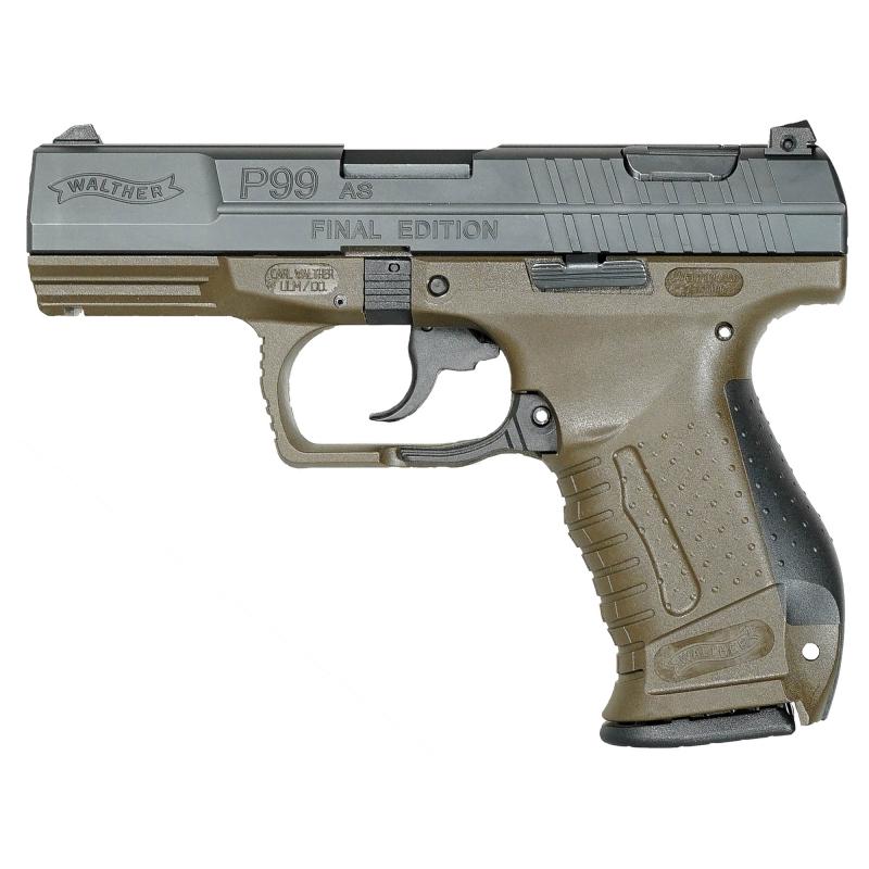 P99, Collector's Edition, Striker Fired, Semi-automatic, Polymer Frame Pistol, Full Size, 9MM, 4" Barrel, Matte Finish, Black Slide, Olive Drab Green Frame, Fixed Sights, 15 Rounds, 2 Magazines, Inlcudes Olive Drab Green Hardcase, P99 Final Edition Knife