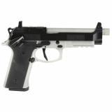 92XI SAO Tactical, Semi-automatic, Single Action Only, Full Size Pistol, 9MM, 5.1" Threaded Barrel, 1/2x28, Cerakote Finish, Black Slide and Controls, Silver Frame and Barrel, Optic Ready, Ambidextrous Safety, Suppressor Sights, 10 Rounds, 2 Magazines J9