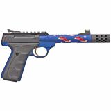 Buck Mark Plus Vision, Semi-automatic| 22 LR, 5.875" Skeletonized Barrel, Threaded, Compensator, Red Cerakote Inner Barrel, Anodized Blue Outer Barrel with Stars, Blue Anodized Aluminum Frame, UFX Grip, Thumb Safety, Adjustable Rear Sight & Fiber Optic F