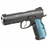 Shadow 2 ACCU, 2023X, Double Action/Single Action, Semi-automatic, Metal Frame Pistol, 9MM, 4.89" Barrel, CZ Custom ACCU Bushing, Polycoat Finish, Black, Blue Aluminum Grips, Adjustable Rear Sight & Fiber Optic Front, 17 Rounds, 2 Magazines 91044